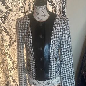 Karl Lagerfeld Women's Houndstooth Blazer with Black Leather Trim